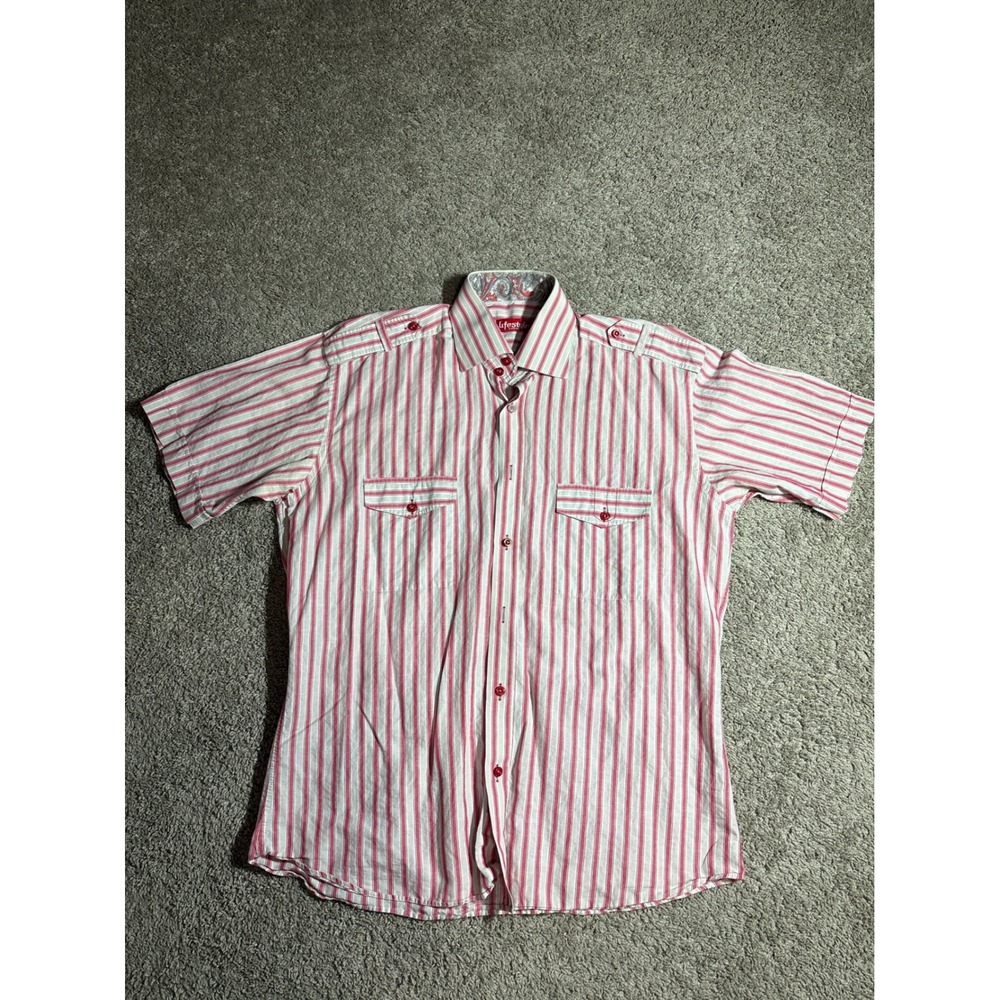 Y2K Lifestyle by Ozzie Mens L Red White Striped Short Sleeve Button Down Shirt